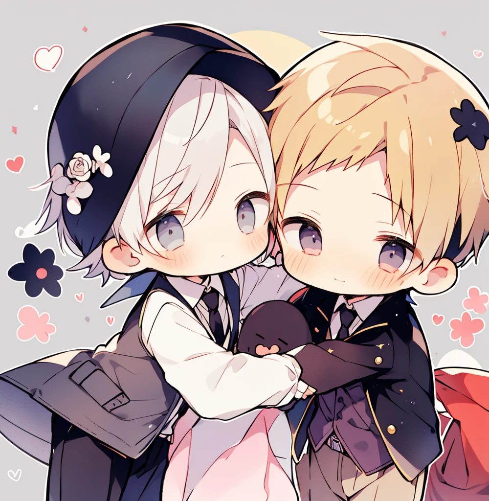 chibi 2boys pastel colors gradient flat chest hug yaoi gay boys love gothic rose blonde silver hair gray eyes black eyes smile open mouth