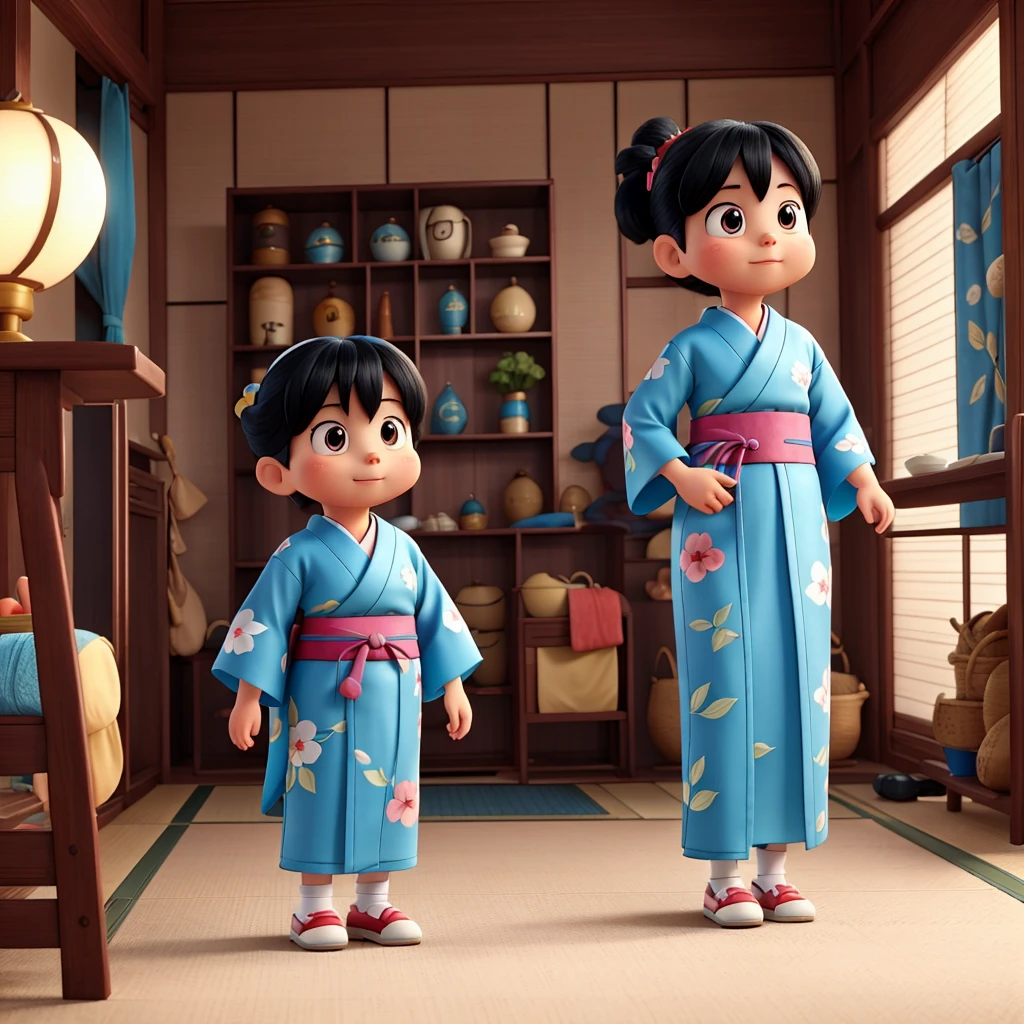 A Doraemon-like character wearing a kimono