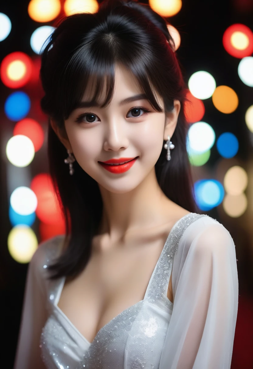 8K, Ultra-high resolution, Highest quality, masterpiece, 三分割法によるphotograph,Surreal, photograph, 1 girl, (:1.3), pretty girl, Cute face, Beautiful eyes in every detail, 細かくdetailedに,masterpiece,, One Girl:1.2, Japan Female Announcer,whole body,Young Wife, (night, (Neon Signs), (Blurred Background),Sequined fancy dress,Slutty Makeup,Bright red lipstick,A carefree smile,Healing the heart,Black hair bun,Looking at the audience、beauty,Long neck、Laugh a little、Please close your mouth and laugh、(((Ideal body type))),A-cup small breasts :2,、Portraiture:2、Perfect Anatomy、鮮明なdetailed、detailed、Surreal、Light and shadow,Strong light