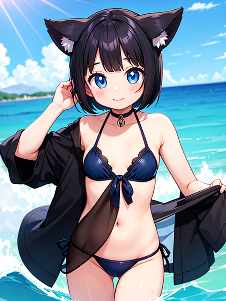 Short black hair Adult female　Dog Ears　Dark blue colored eyes　Flat chest　Wearing a tiny bikini　Location: Sea　smile