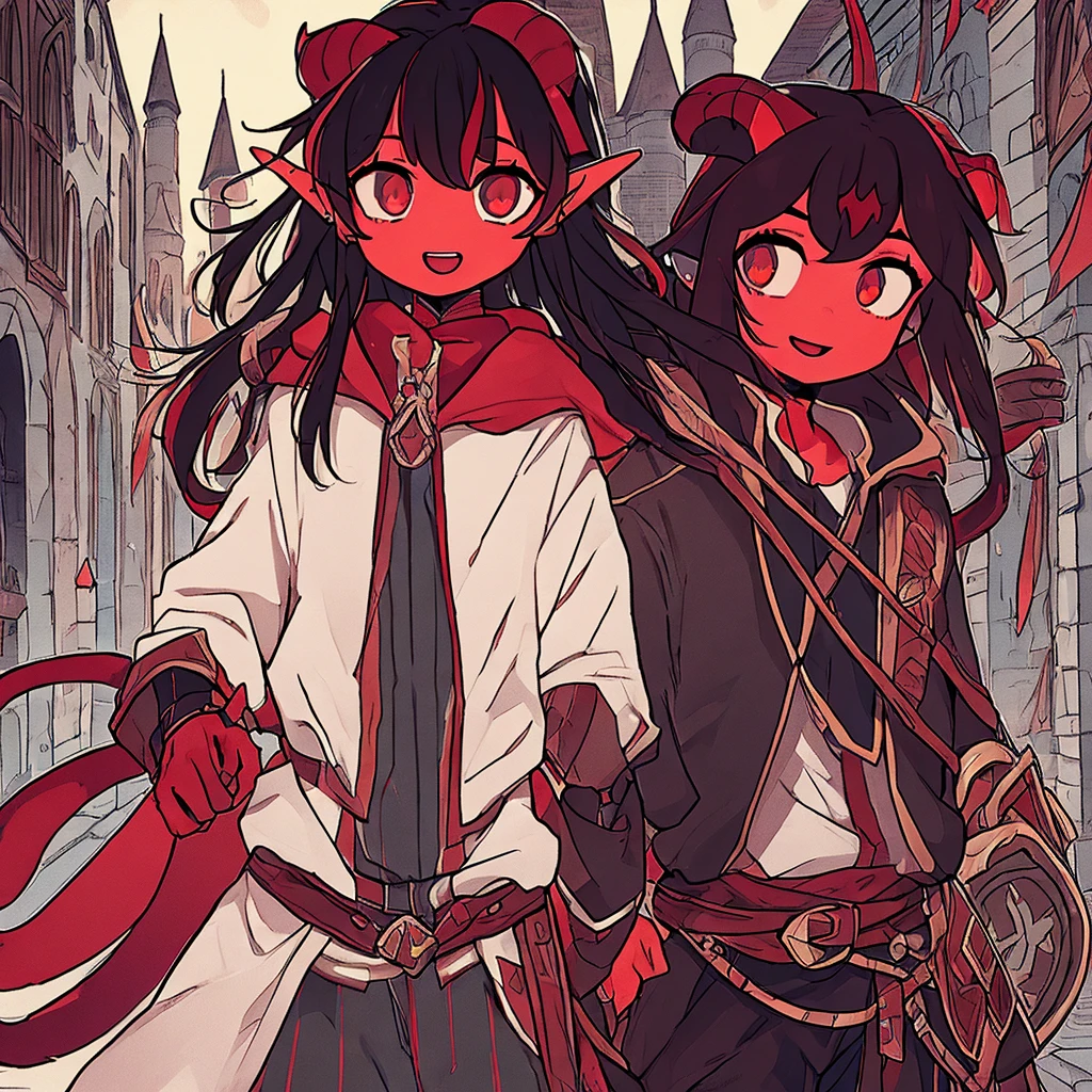 one young 14 year old tiefling boy, small horns, long black hair, red skin, cat-like eyes, pointed tail, pointed ears, detailed face, detailed clothing, fantasy, digital art, cinematic lighting, highly detailed, 8k, photorealistic, award winning, intricate, masterpiece, sorriso caótico mal