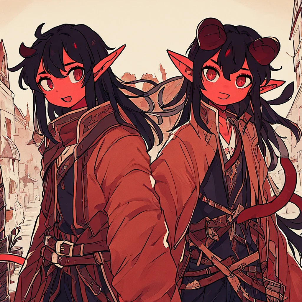 one young 14 year old tiefling boy, small horns, long black hair, red skin, cat-like eyes, pointed tail, pointed ears, detailed face, detailed clothing, fantasy, digital art, cinematic lighting, highly detailed, 8k, photorealistic, award winning, intricate, masterpiece, sorriso caótico mal