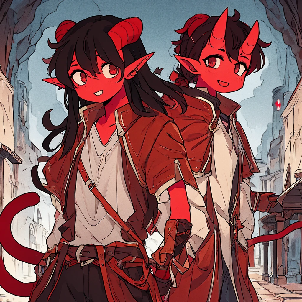 one young 14 year old tiefling boy, small horns, long black hair, red skin, cat-like eyes, pointed tail, pointed ears, detailed face, detailed clothing, fantasy, digital art, cinematic lighting, highly detailed, 8k, photorealistic, award winning, intricate, masterpiece, sorriso caótico mal