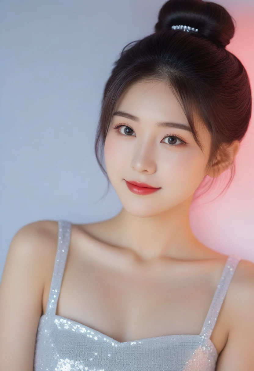 8K, Ultra-high resolution, Highest quality, masterpiece, 三分割法によるphotograph,Surreal, photograph, 1 girl, (16 years old:1.3), pretty girl, Cute face, Beautiful eyes in every detail, 細かくdetailedに,masterpiece,, One Girl:1.2, Japan Female Announcer,whole body,Young Wife, (night, (Neon Signs), (Blurred Background),Sequined fancy dress,Slutty Makeup,Bright red lipstick,A carefree smile,Healing the heart,Black hair bun,Looking at the audience、beauty,Long neck、Laugh a little、Please close your mouth and laugh、(((Ideal body type))),A-cup small breasts :2,、Portraiture:2、Perfect Anatomy、鮮明なdetailed、detailed、Surreal、Light and shadow,Strong light