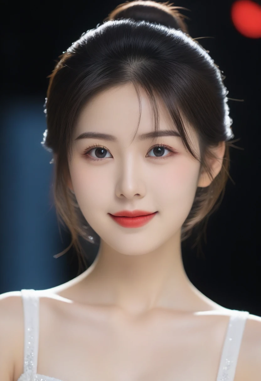8K, Ultra-high resolution, Highest quality, masterpiece, 三分割法によるphotograph,Surreal, photograph, 1 girl, (:1.3), pretty girl, Cute face, Beautiful eyes in every detail, 細かくdetailedに,masterpiece,, One Girl:1.2, Japan Female Announcer,whole body,Young Wife, (night, (Neon Signs), (Blurred Background),Sequined fancy dress,Slutty Makeup,Bright red lipstick,A carefree smile,Healing the heart,Black hair bun,Looking at the audience、beauty,Long neck、Laugh a little、Please close your mouth and laugh、(((Ideal body type))),A-cup small breasts :2,、Portraiture:2、Perfect Anatomy、鮮明なdetailed、detailed、Surreal、Light and shadow,Strong light
