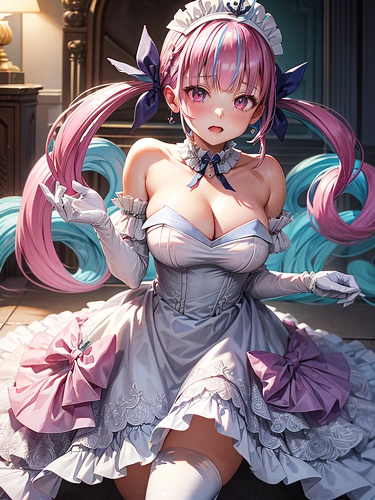 Ultra-high resolution,masterpiece, Attention to detail, Highest quality, 4K,(Pink Twintails、Blue ribbon),(well endowed,Captivating body、Ultra-detailed skin、Beautiful eyes、Detailed Background),1girl、(Wedding dress、Embarrassing:1.3),Wedding hall
