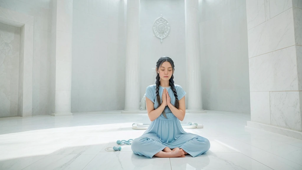 A woman with long blue hair styled in two braids, in a meditation position with her eyes closed and her hands in a prayer position. She is wearing a light blue dress. The image should be a full-body shot in a meditation position, very realistic, in an all-white temple with a white floor, white stone walls, white ceiling, and white columns.