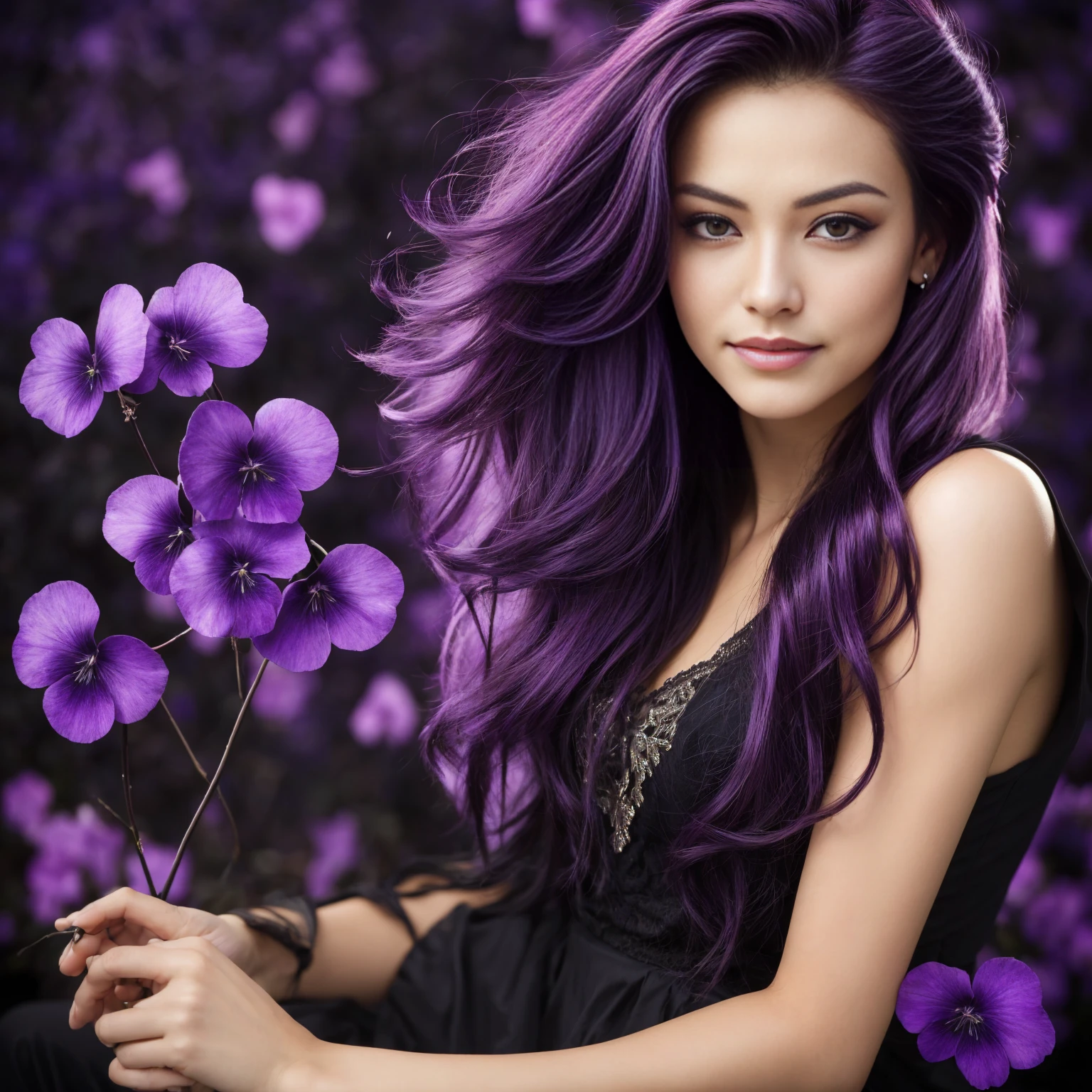 arafed femme aux longs cheveux noirs avec des reflets violets, cheveux noirs qui coule, reflets violets, aux cheveux noirs, photo of a Beau woman, Cheveux noirs longs et fluides, heure d&#39;or noir, cheveux roses bouclés, Beau young asian woman, Beau asian woman, cheveux roux sauvages, cheveux roses vaporeux, cheveux rose clair, une jeune femme asiatique, une femme asiatique, jeune femme infp,  Photo portrait d&#39;une jeune française de 22 ans au format RAW UHD (femme aux yeux marrons)  Détails (textures! , cheveux! , brillant, couleur!! , imperfections: 1.1), yeux brillants très détaillés (En regardant la caméra), Éclairage reflex numérique, Appareil photo reflex, Ultra-Quaalluméy, acuité, Profondeur de champ, grain de film (Centre ville), Fujifilm XT3, clair comme de l&#39;eau de roche, centre du cadre, beau visage, netteté,  Éclairage au néon, bokeh (allumé), jour, (Ciel ouvert), pores de peau détaillés, peau grasse, bronzage, détails complexes des yeux, (((souriant))),((Beau)), cuir, clivage