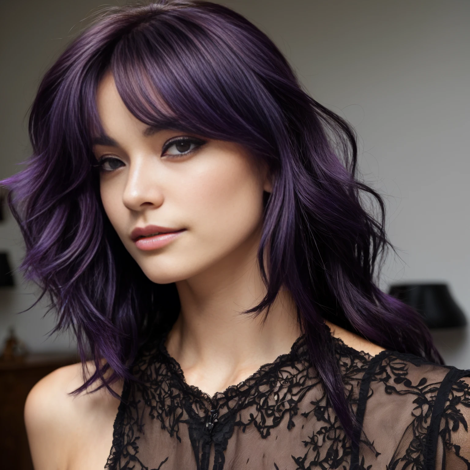 arafed femme aux longs cheveux noirs avec des reflets violets, cheveux noirs qui coule, reflets violets, aux cheveux noirs, photo of a Beau woman, Cheveux noirs longs et fluides, heure d'or noir, cheveux roses bouclés, Beau young asian woman, Beau asian woman, cheveux roux sauvages, cheveux roses vaporeux, cheveux rose clair, une jeune femme asiatique, une femme asiatique, jeune femme infp, Photo portrait d'une jeune française de 22 ans au format RAW UHD (femme aux yeux marrons) Détails (textures! , cheveux! , brillant, couleur!! , imperfections: 1.1), yeux brillants très détaillés (En regardant la caméra), Éclairage reflex numérique, Appareil photo reflex, Ultra-Quaalluméy, acuité, Profondeur de champ, grain de film (Centre ville), Fujifilm XT3, clair comme de l'eau de roche, centre du cadre, beau visage, netteté, Éclairage au néon, bokeh (allumé), jour, (Ciel ouvert), pores de peau détaillés, peau grasse, bronzage, détails complexes des yeux, (((souriant))),((Beau)), cuir, clivage