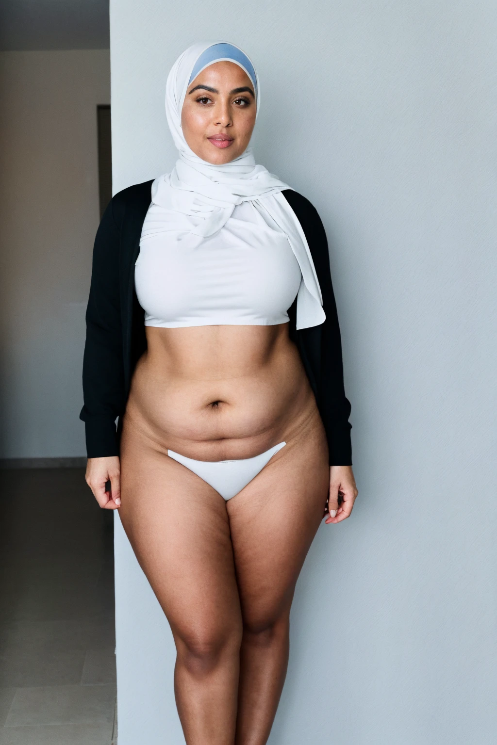 RAW photo,candid photograph, full body,photo of a beautiful,influencer,35yo Moroccan woman,black hijab, detailed skin, naked, looking at viewer, chubby body structure,white background,no background, candid pose,blue light, film grain, kodak color, instagram LUT