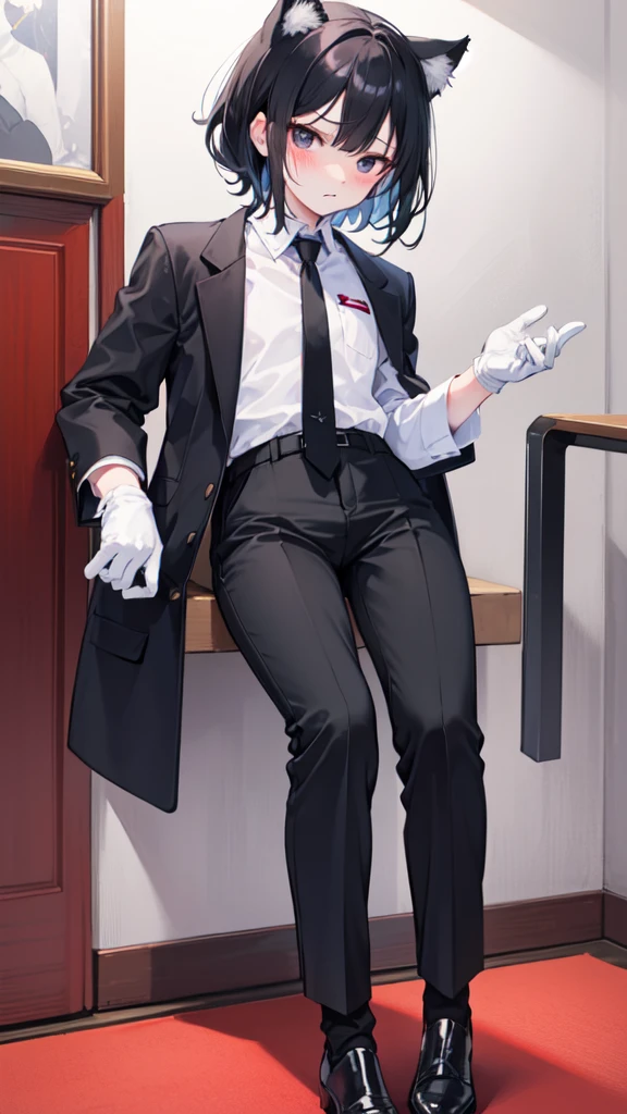 18-year-old Shota，cute，Wear a white long-sleeved shirt and a black work tie，Wear black pants，Wear black booties，Wear white gloves，wear cat ear，Black hair，Black eyes，Handsome，Disdainful and cold expression，shy，blush，porn