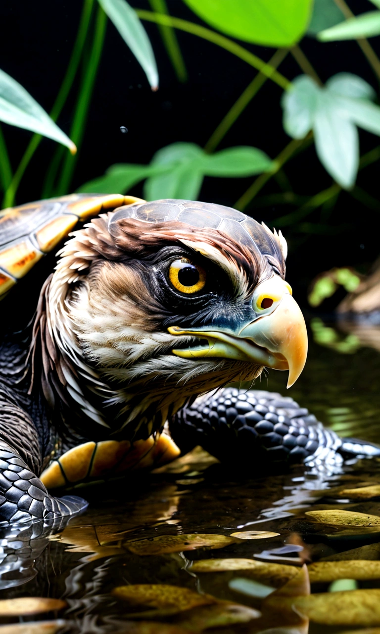 There is a creature at the bottom of the river,The head of the eagle,The body of a turtle,Snake's Tail,Full body view from the side,Mysterious Creatures, shrike, (best quality,4K,8K,High level,masterpiece:1.2),Ultra Detailed,(lifelike,Photo real,Photo real:1.37),Highly detailed animals,Complex patterns,Realistic lighting,Fantasy Creatures