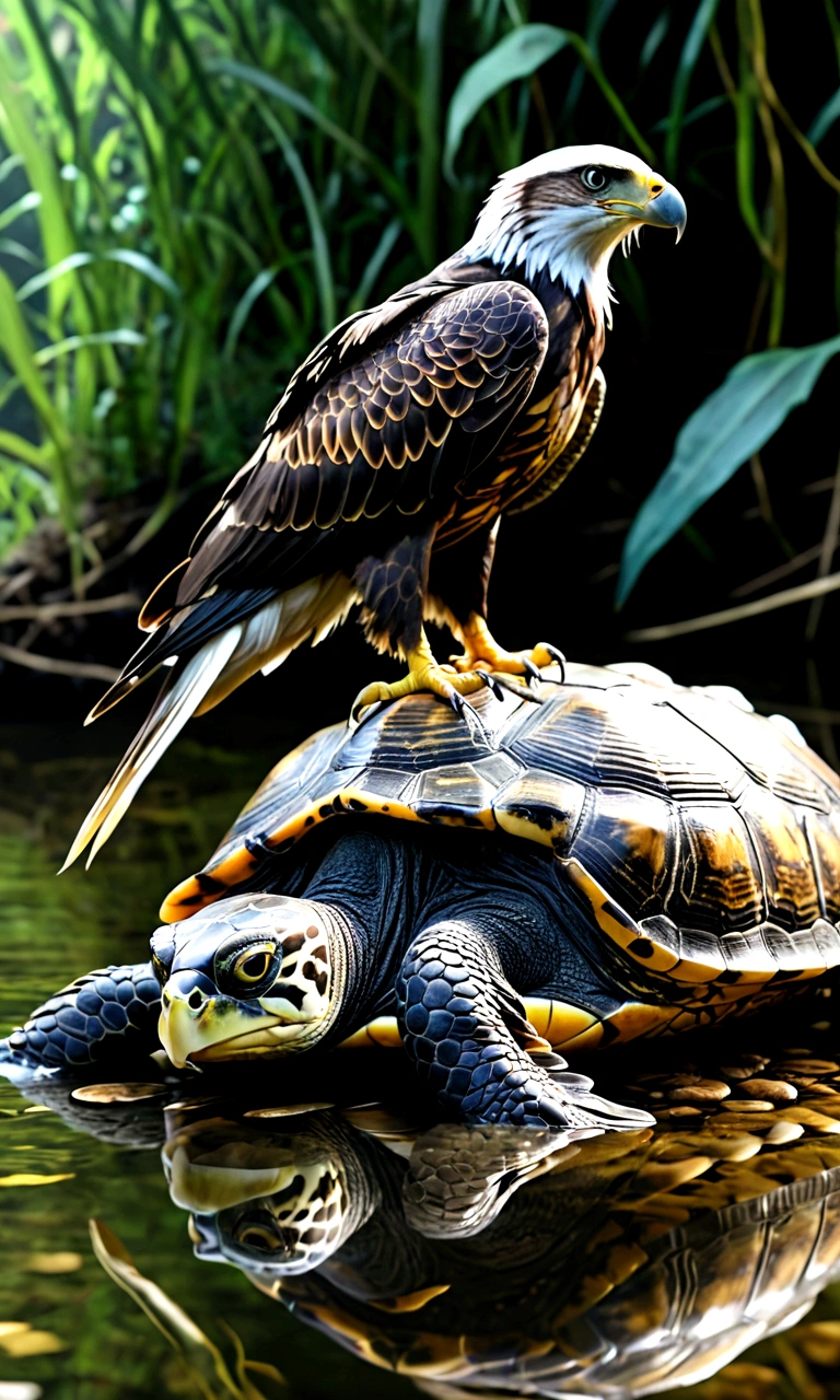 There is a creature at the bottom of the river,The head of the eagle,The body of a turtle,Snake's Tail,Full body view from the side,Mysterious Creatures, shrike, (best quality,4K,8K,High level,masterpiece:1.2),Ultra Detailed,(lifelike,Photo real,Photo real:1.37),Highly detailed animals,Complex patterns,Realistic lighting,Fantasy Creatures