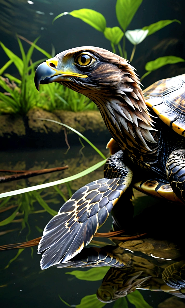 There is a creature at the bottom of the river,The head of the eagle,The body of a turtle,Snake's Tail,Full body view from the side,Mysterious Creatures, shrike, (best quality,4K,8K,High level,masterpiece:1.2),Ultra Detailed,(lifelike,Photo real,Photo real:1.37),Highly detailed animals,Complex patterns,Realistic lighting,Fantasy Creatures