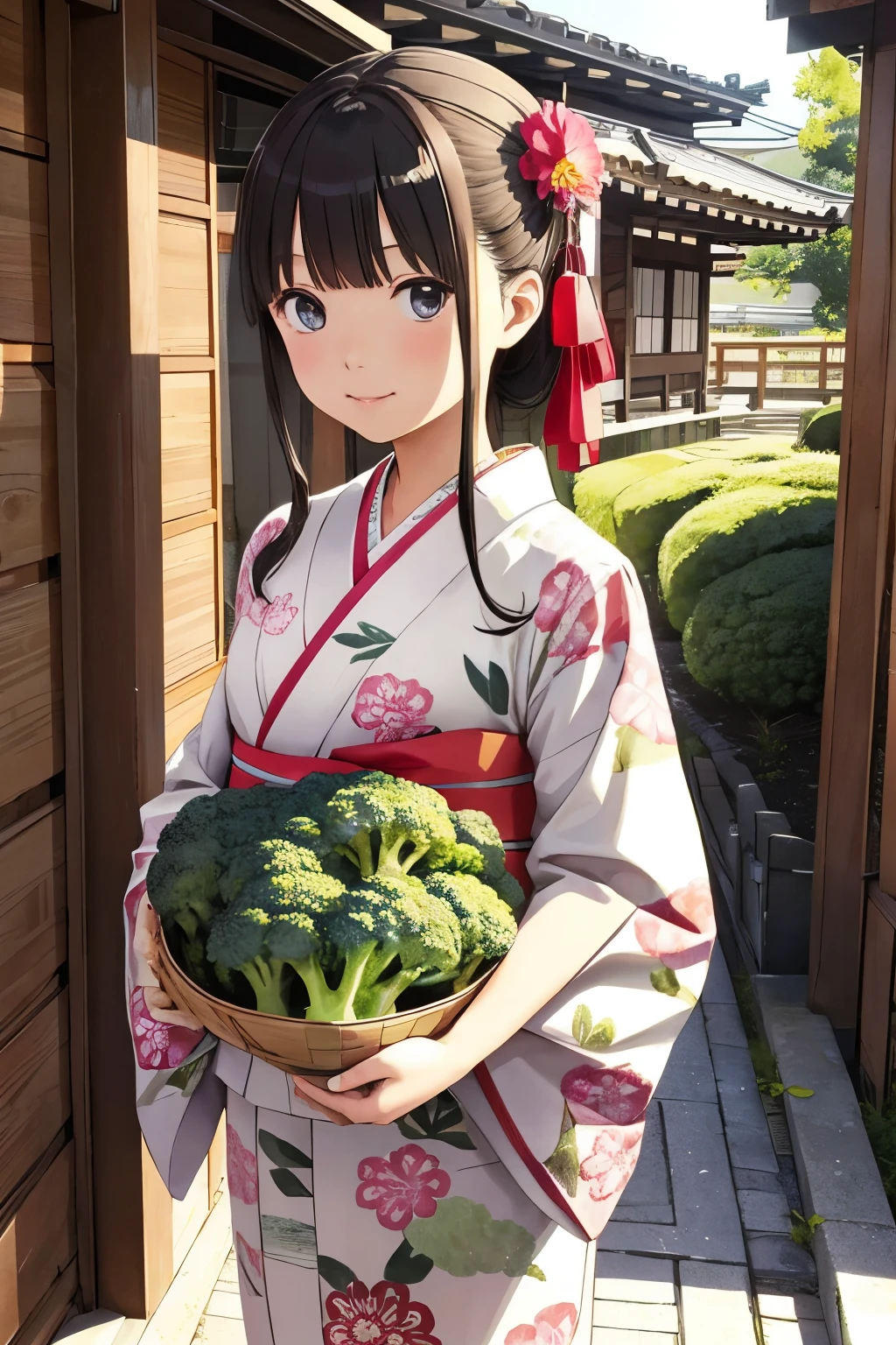 Holding broccoli like a flower、Girl wearing kimono