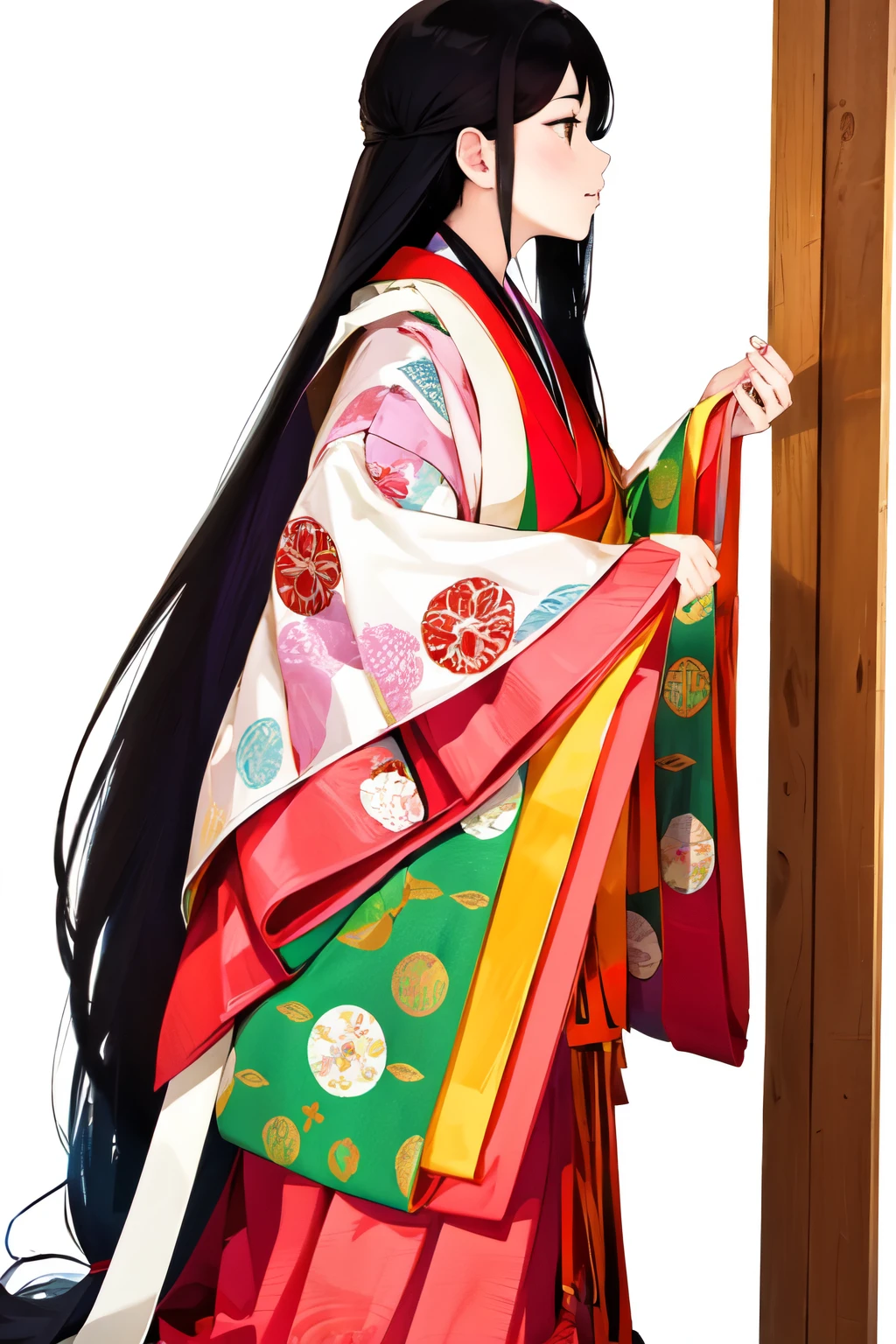 (masterpiece, best quality:1.2), 1girl, juni-hitoe, solo, hole body, (from side:1.2), very long straight black hair, binsogi-hair, (holding open hiogi:1.2), wine red karaginu, pink karaginu-eri, dark-red hakama, court crest print, uwagi, itutuginu, kasanenoirome,　gradation, munamoto itutugine, sodeguchi itutuginu, suso itutuginu, white mo-skirt, detail, 