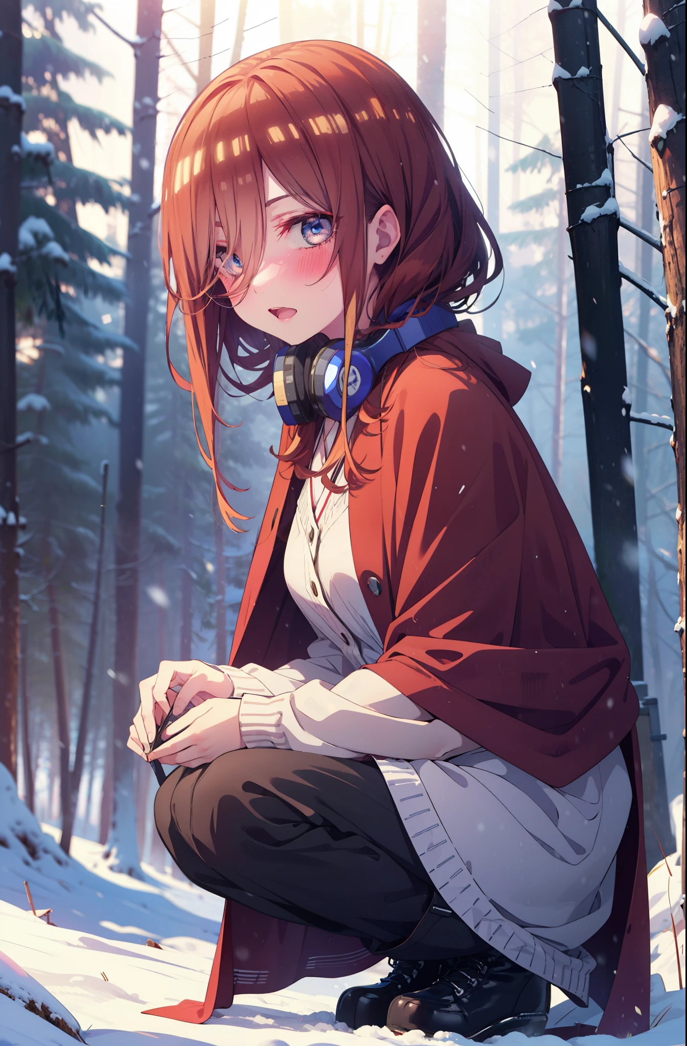 miku nakano, miku nakano, Long Hair, bangs, Brown Hair, shirt, Hair between the eyes, cardigan, Headphones around the neck,smile,blush,White Breath,
Open your mouth,snow,Ground bonfire, Outdoor, boots, snowing, From the side, wood, suitcase, Cape, Blurred, Increase your meals, forest, White handbag, nature, Squat, Mouth closed, フードed Cape, winter, Written boundary depth, Black shoes, red Cape break looking at viewer, Upper Body, whole body, break Outdoor, forest, nature, break (masterpiece:1.2), Highest quality, High resolution, unity 8k wallpaper, (shape:0.8), (Beautiful and beautiful eyes:1.6), Highly detailed face, Perfect lighting, Highly detailed CG, (Perfect hands, Perfect Anatomy),