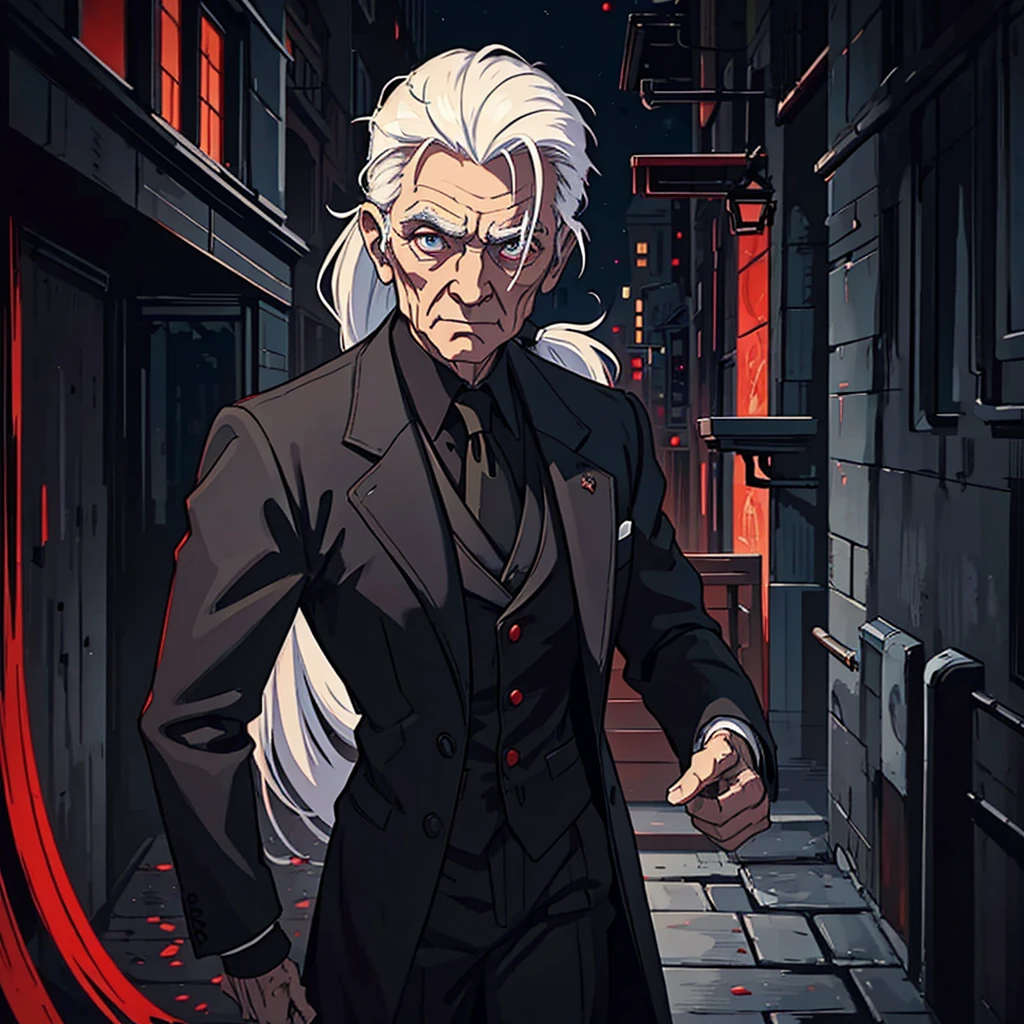 1 20-year-old man with white hair with long ponytail wearing a black suit with red interior Dark Gaze of Mystery An art for an RPG A non-human night background of the city ((Very detailed strokes))