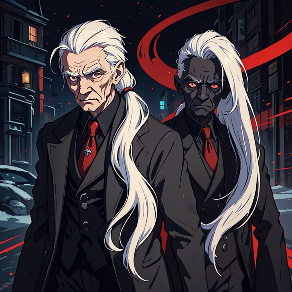 1 20-year-old man with white hair with long ponytail wearing a black suit with red interior Dark Gaze of Mystery An art for an RPG A non-human night background of the city ((Very detailed strokes))