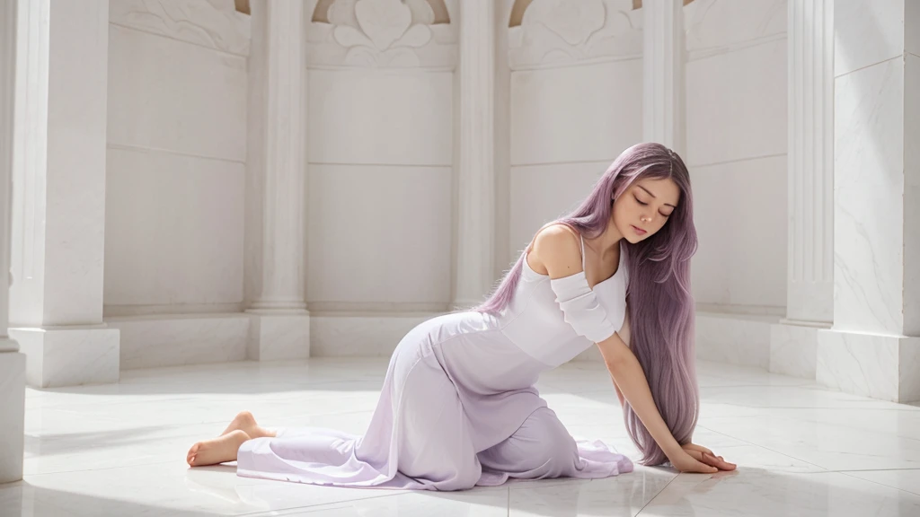 woman with long, voluminous lilac hair, in a meditation position with her eyes closed and her hands in a prayer position. She is wearing a light lilac dress. The image should be a full-body shot in a meditation position, very realistic, in an all-white temple with a white floor, white stone walls, white ceiling, and white columns.