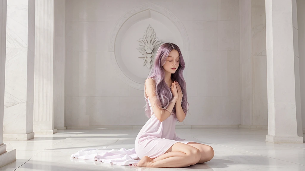 woman with long, voluminous lilac hair, in a meditation position with her eyes closed and her hands in a prayer position. She is wearing a light lilac dress. The image should be a full-body shot in a meditation position, very realistic, in an all-white temple with a white floor, white stone walls, white ceiling, and white columns.