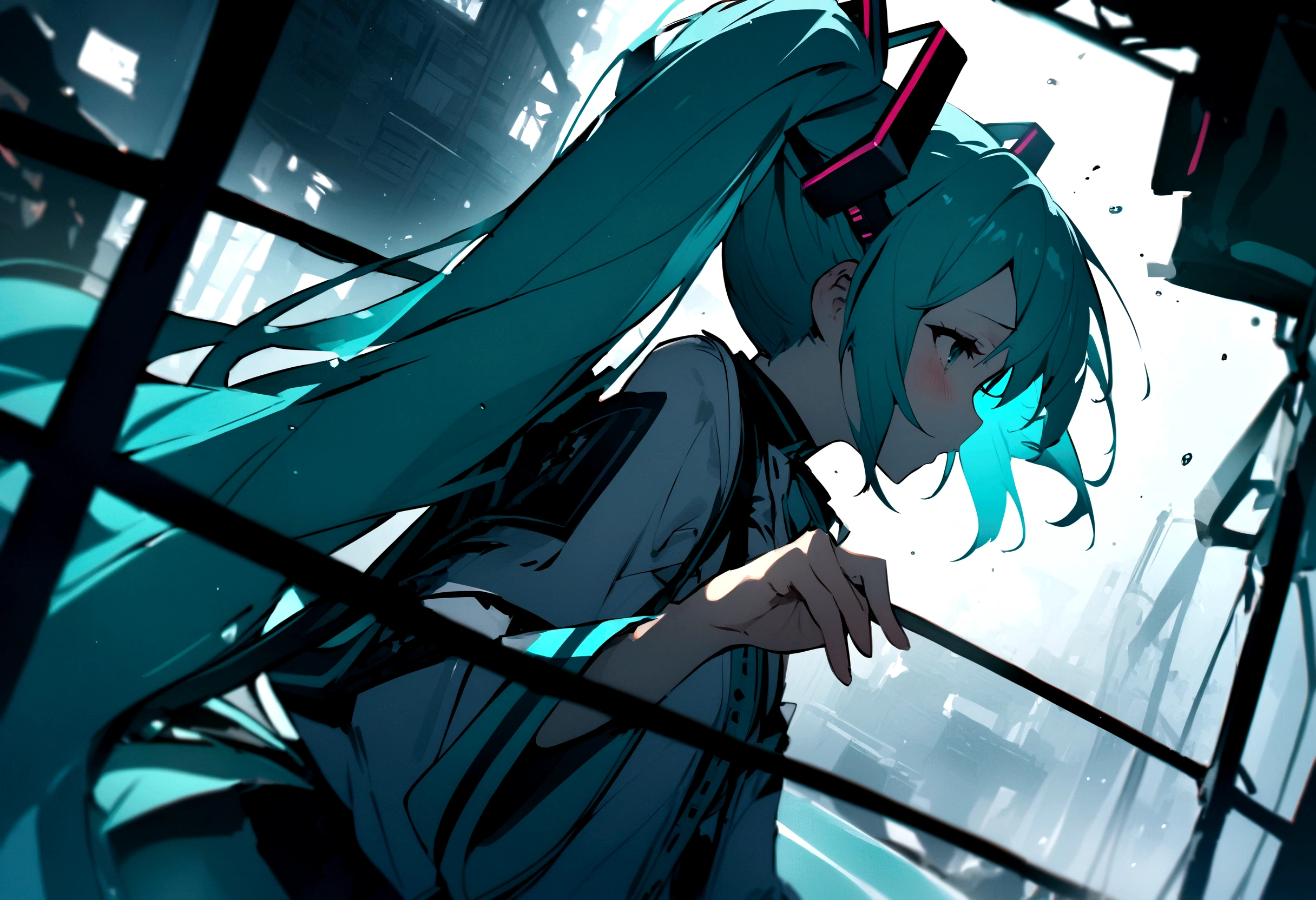 From the side、shout、sing、(((masterpiece, hatsune miku, vocaloid, Super detailed、Digital Cage、Reaching out、Sad、shout、aloud、