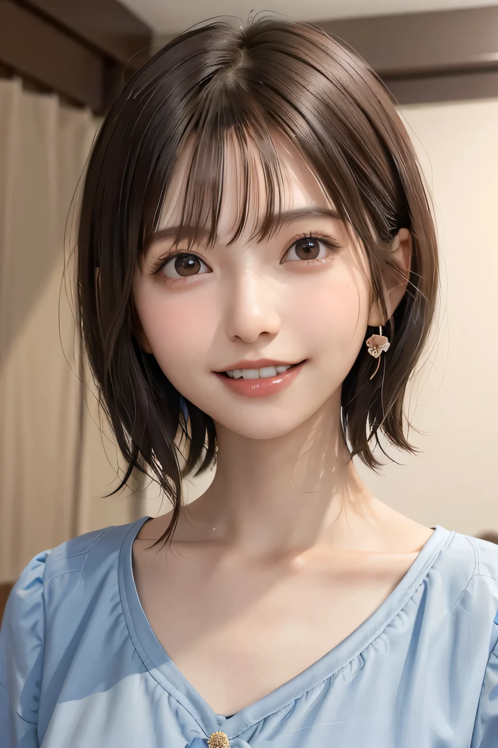 205  ((short hair)), 20-year-old female, Surrealism, Flower smile、Beautiful teeth alignment、Brown Hair首にネックレス、ear piercing、Dark brown hair