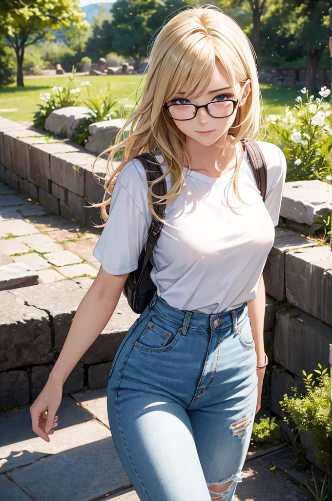 最high quality, high quality, High resolution, high quality texture, high quality shadows, High resolution, Beautiful details, Detailed CG, Detailed Texture, Realistic representation of face, Realistic, colorful, delicate, Cinematic Light, Side light, Lens flare, Ray Tracing, sharp concentrated, (1 Girl,concentrated:1.3), ( Intricate details, compensate, PureErosFaceV1:0.5), (細部まで美しいdelicateな顔, 緻密で美しいdelicateな瞳, Perfect Facial Proportions, Dense skin, Optimal ratio of four fingers to one thumb, Modest chest, Beautiful Hips, Smooth upper abdomen, blue eyes , glasses ,White shirt, Denim pants ,trekking shoes, , Backpack, ,buzzer, blue sky,adventure journey ,the gaze of true love, lips of temptation, A look full of compassion ,a smile full of love, Acting lovey-dovey, waist up, 35 years old, hiking,house wife,show off nipples under white shirt, air fortress hair, blonde hair,jordan,Petra Ruins