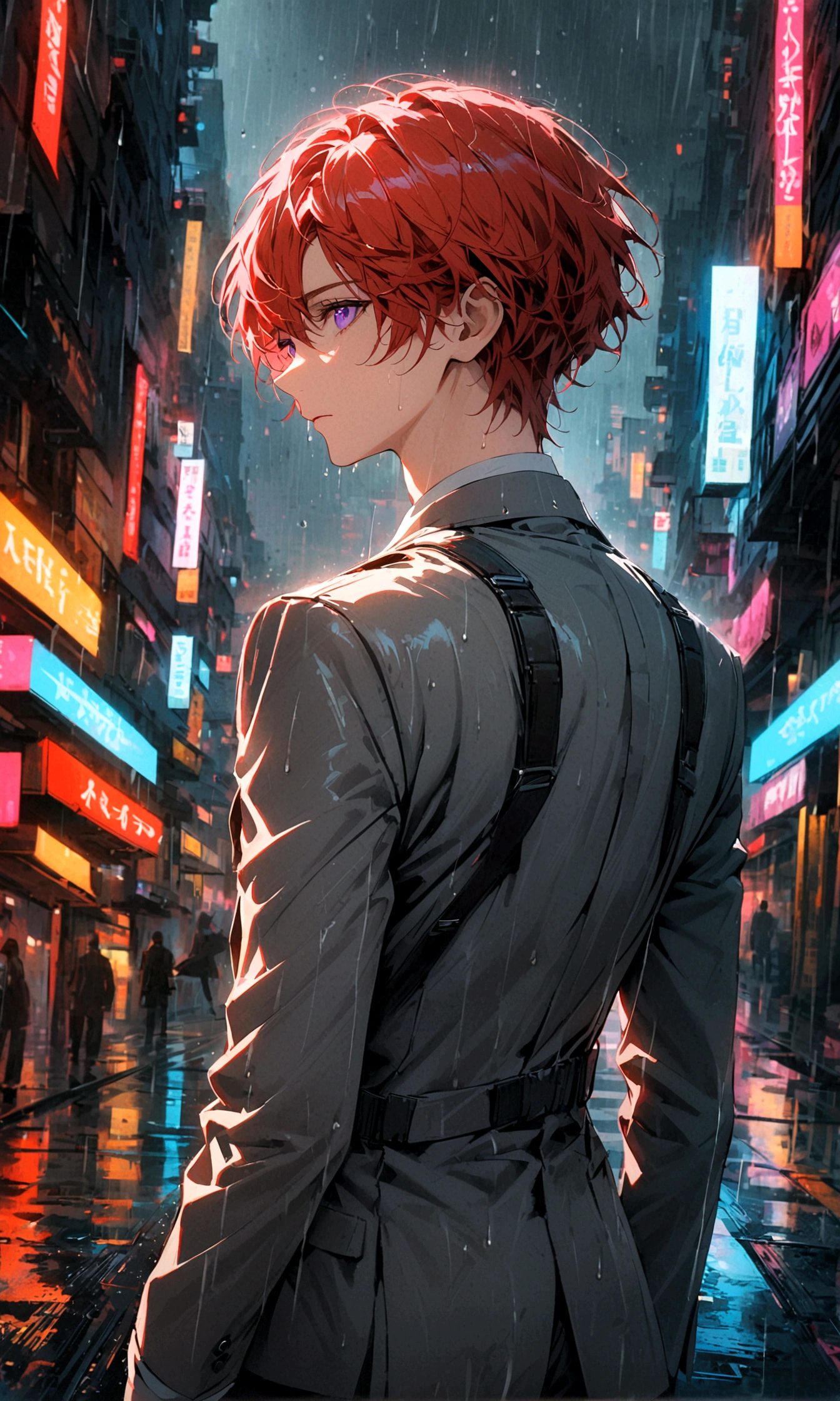 A young man with red hair and purple eyes in a gray suit stood alone with his back turned halfway in the middle of a rainy city during the day.