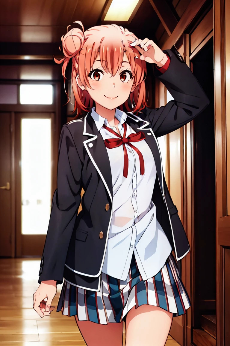 Highest quality, masterpiece, High resolution, One girl, Yuigahama Yui, , Knitted Skirt, short hair, Red ribbon, White shirt, Black jacket, big , Are standing, smile, Education