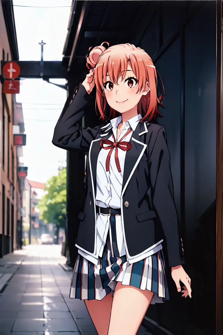 Highest quality, masterpiece, High resolution, One girl, Yuigahama Yui, , Knitted Skirt, short hair, Red ribbon, White shirt, Black jacket, big , Are standing, smile, Education