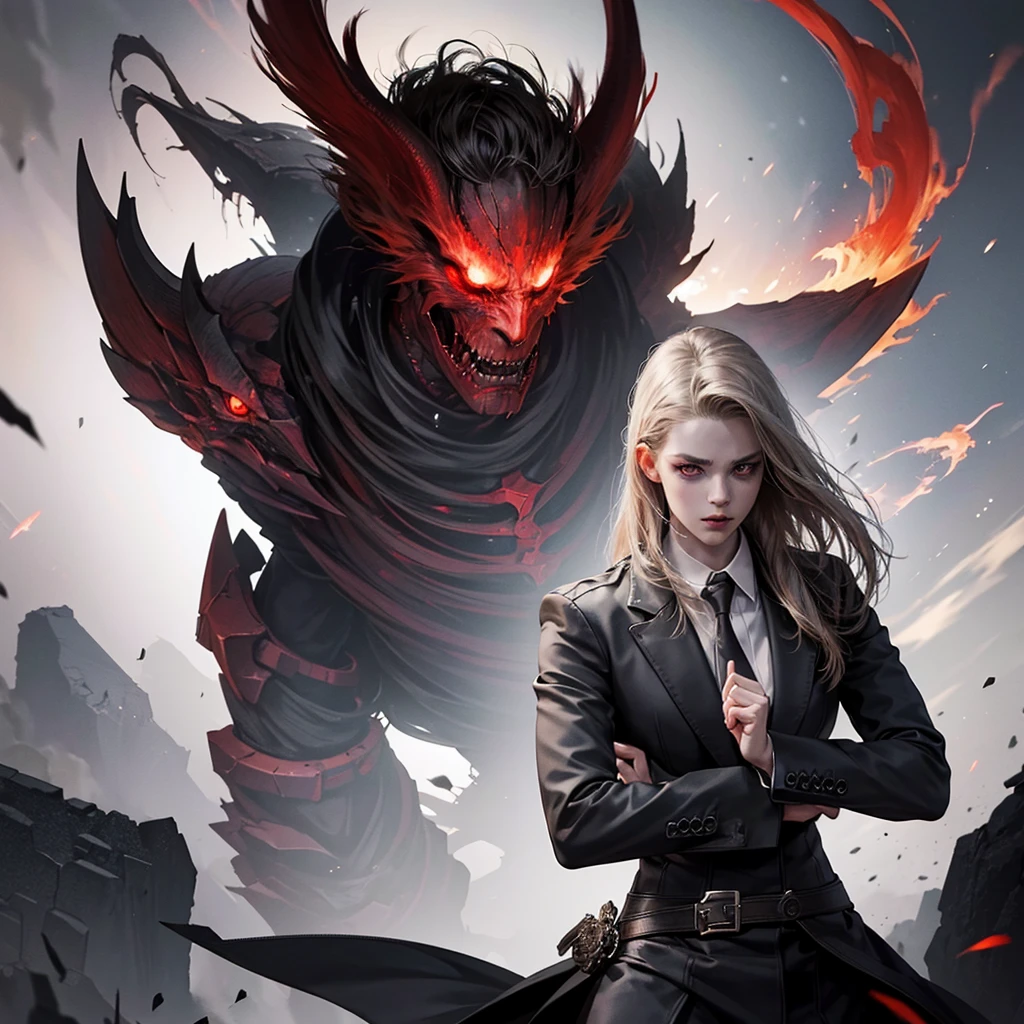 Guy with a sword in a suit, THE GIRL IN THE BACKGROUND, red blood element, Red Demon Eyes, HD light and dark, rendering balance, HD lighting and darkness)<=(Epic image quality) gloomy atmosphere with bright particle light (many effects in the background)