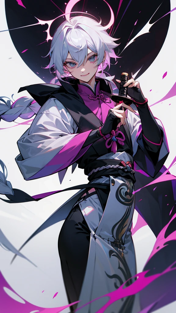 A boy with 1,71 tall with slim body shape, her hair is pink with a black streak in her bangs and is tied in a long braid that reaches her lower back.. Its eyes are gray and its pulipes are black with a thunder shape like the electro element of Genshin Impact., eyelashes the same color as your hair and your face is angelic. He wears piercings in his ears and a silver one on his tongue., their clothes are similar to traditional Chinese clothes with their color palettes being more focused on black and dark purple. He wears a samurai sword at his side and has a white, smiling mask in his hand.. 