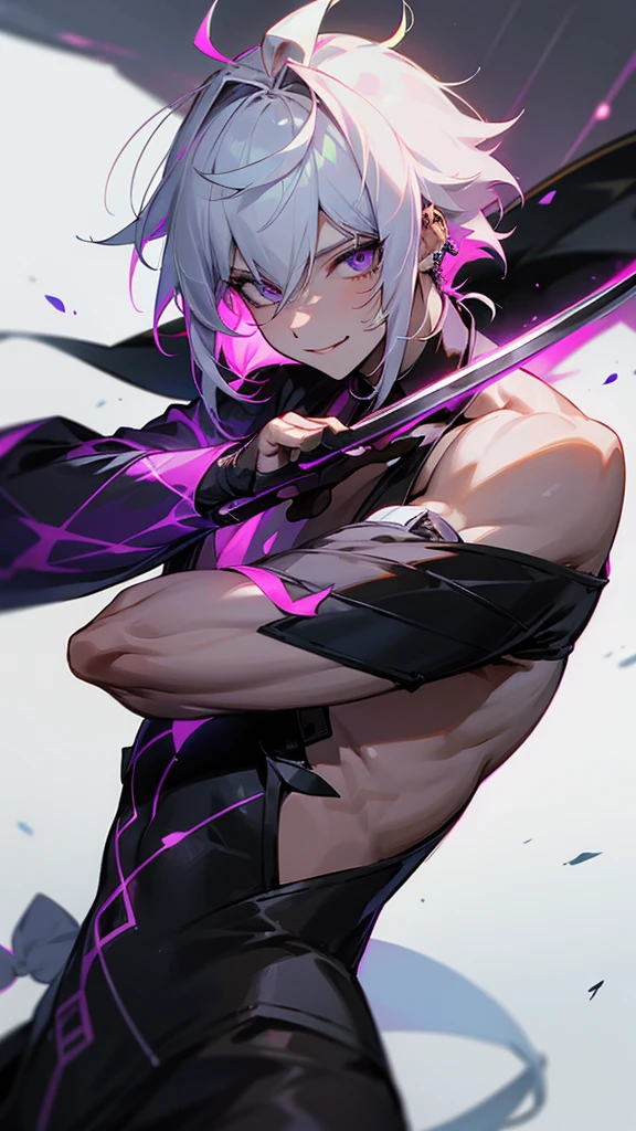 A boy with 1,71 tall with slim body shape, her hair is pink with a black streak in her bangs and is tied in a long braid that reaches her lower back.. Its eyes are gray and its pulipes are black with a thunder shape like the electro element of Genshin Impact., eyelashes the same color as your hair and your face is angelic. He wears piercings in his ears and a silver one on his tongue., their clothes are similar to traditional Chinese clothes with their color palettes being more focused on black and dark purple. He wears a samurai sword at his side and has a white, smiling mask in his hand..