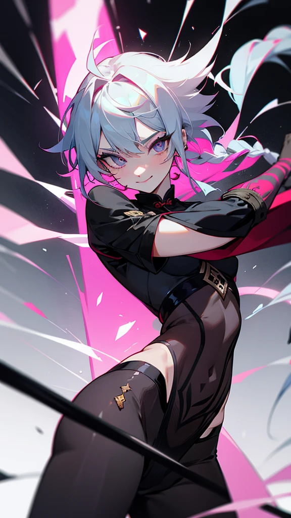 A boy with 1,71 tall with slim body shape, her hair is pink with a black streak in her bangs and is tied in a long braid that reaches her lower back.. Its eyes are gray and its pulipes are black with a thunder shape like the electro element of Genshin Impact., eyelashes the same color as your hair and your face is angelic. He wears piercings in his ears and a silver one on his tongue., their clothes are similar to traditional Chinese clothes with their color palettes being more focused on black and dark purple. He wears a samurai sword at his side and has a white, smiling mask in his hand..