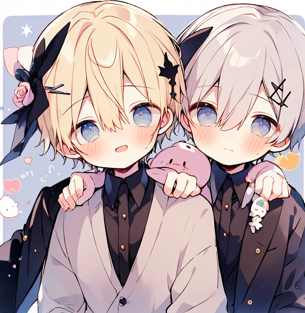 2boys pastel colors gradient flat chest hug yaoi gay boys love gothic rose blonde silver hair gray eyes black eyes smile open mouth