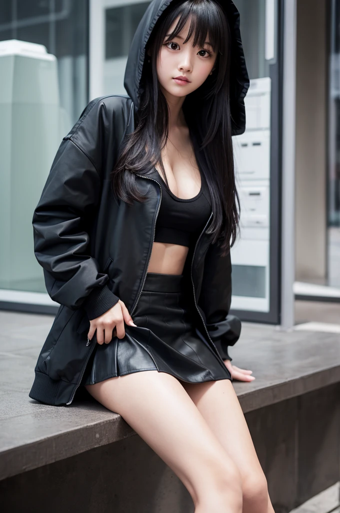 A girl with long black hair wearing a long black jacket with a hood　Black mini skirt　tall　Slightly larger breasts　With bangs　Thin legs