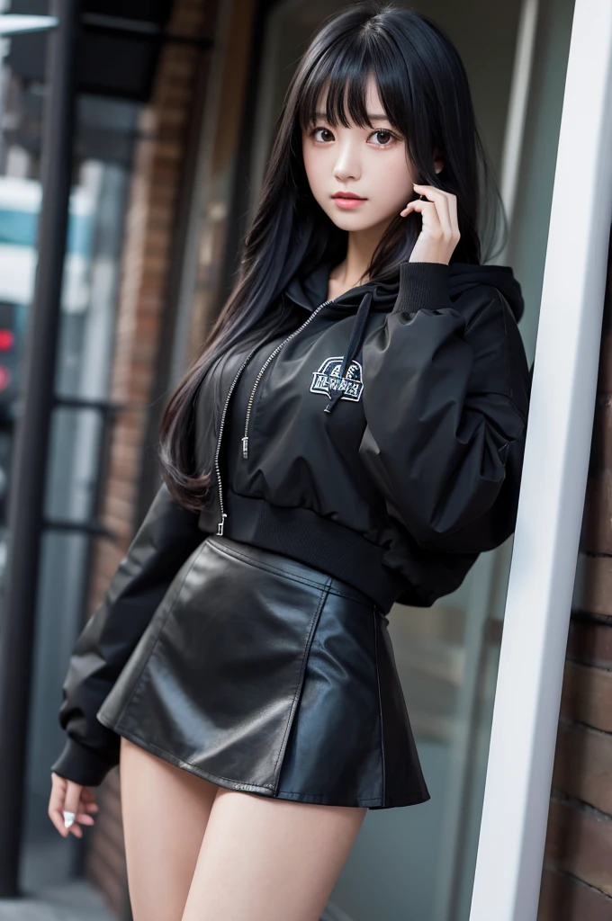 A girl with long black hair wearing a long black jacket with a hood Black mini skirt tall Slightly larger breasts With bangs Thin legs