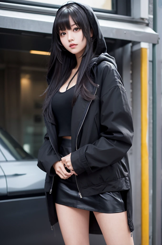 A girl with long black hair wearing a long black jacket with a hood　Black mini skirt　tall　Slightly larger breasts　With bangs　Thin legs