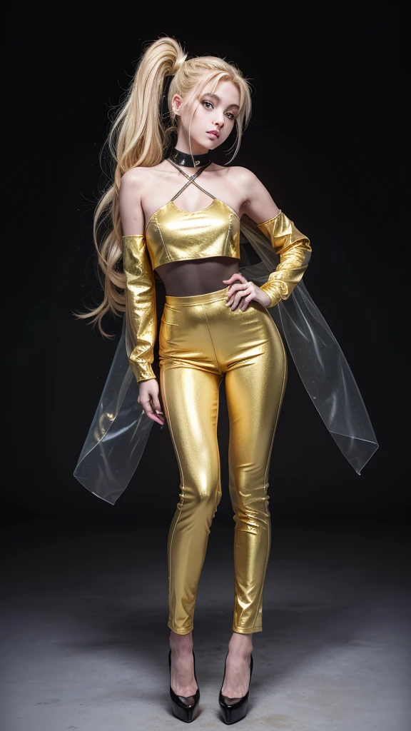 A blonde girl, looking like Ariana Grande, With a ponytail in her hair, She wears a completely golden outfit and sticks to her body, the outfit is long sleeved and on the body is a different kind of merely golden color low-cut golden cropped, Gold simple trousers, she is wearing purple high heels and wears a purple glove on her right hand, full bodied, highly detailed, full body view, full black background