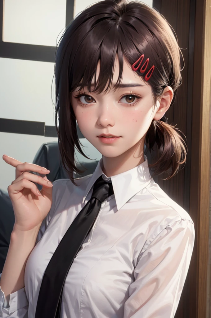 masterpiece, best quality, ultra-detailed, illustration, epic lighting, cinematic composition, isometric, 1girl, solo, cute, brown eyes, black hair, swept bangs, single sidelock, red hairclip, white collared shirt, black necktie, black pants, formal, enchanting gaze, captivating pose, indoors, office, door, opening door, looking at viewer, peeking out upper body, blush, seductive smile, closed mouth,(8k:1.1),