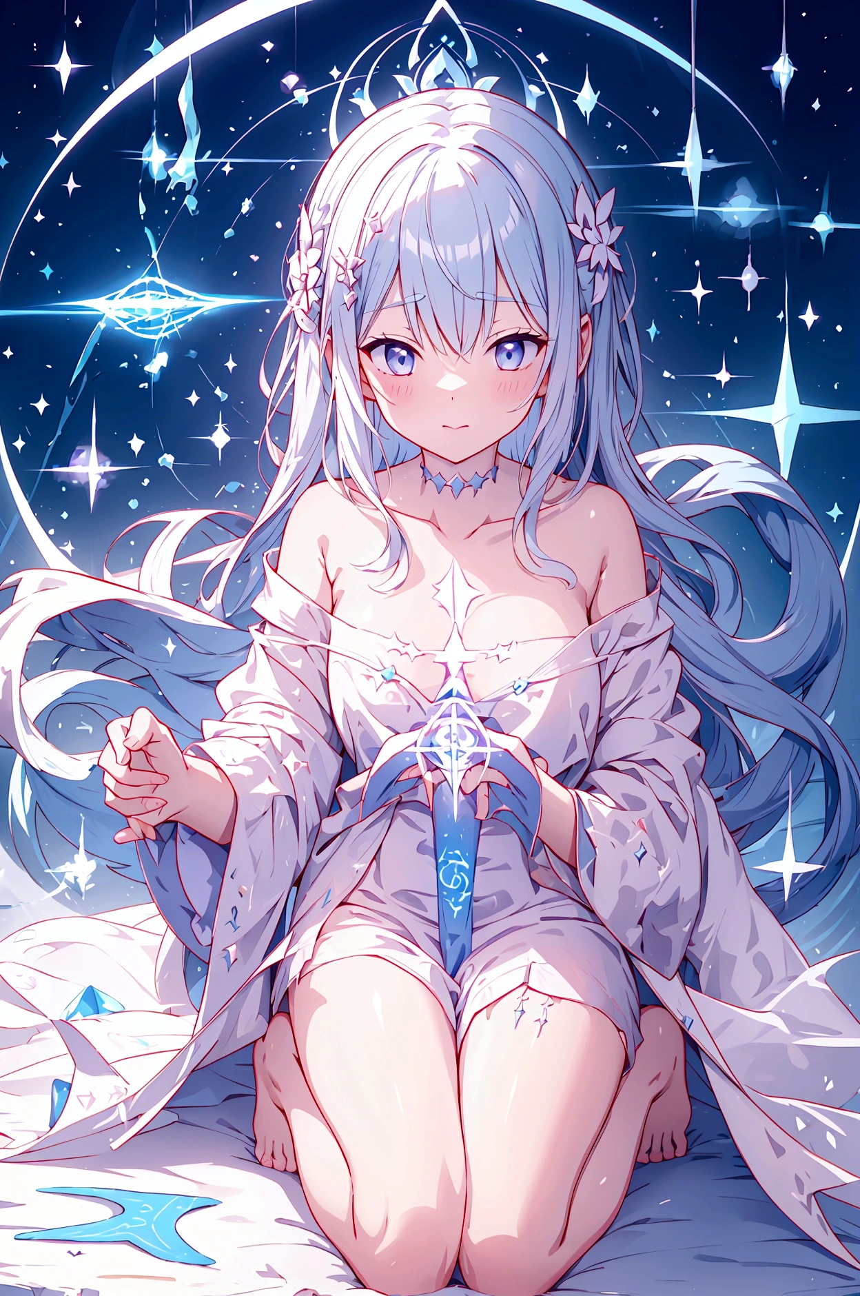 Naked and wearing a magical robe、Big are visible、Pure white magic robe、Cute frilly light blue underwear、barefoot、Hold the magic wand and cast magic、Hellfire Magic
