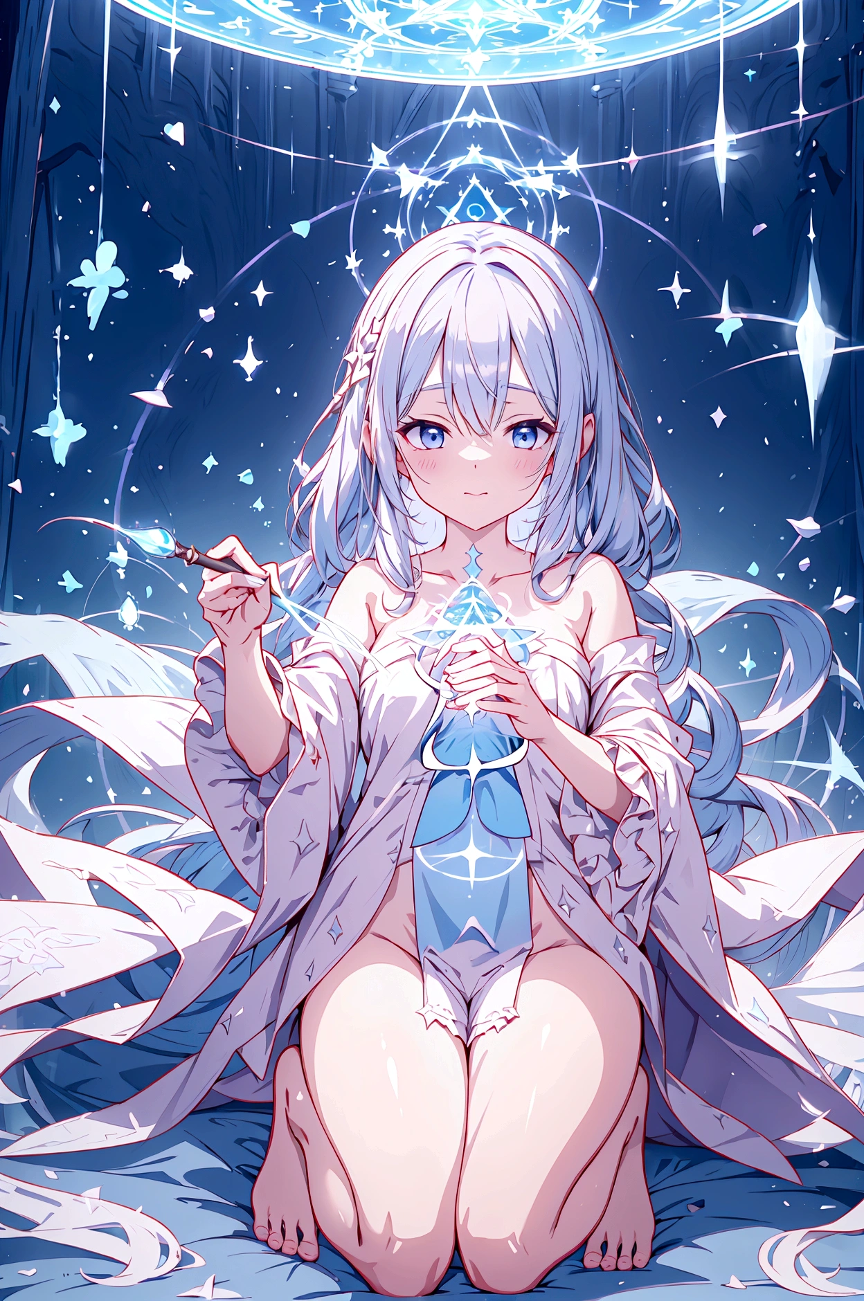 Naked and wearing a magical robe、Big are visible、Pure white magic robe、Cute frilly light blue underwear、barefoot、Hold the magic wand and cast magic、Hellfire Magic
