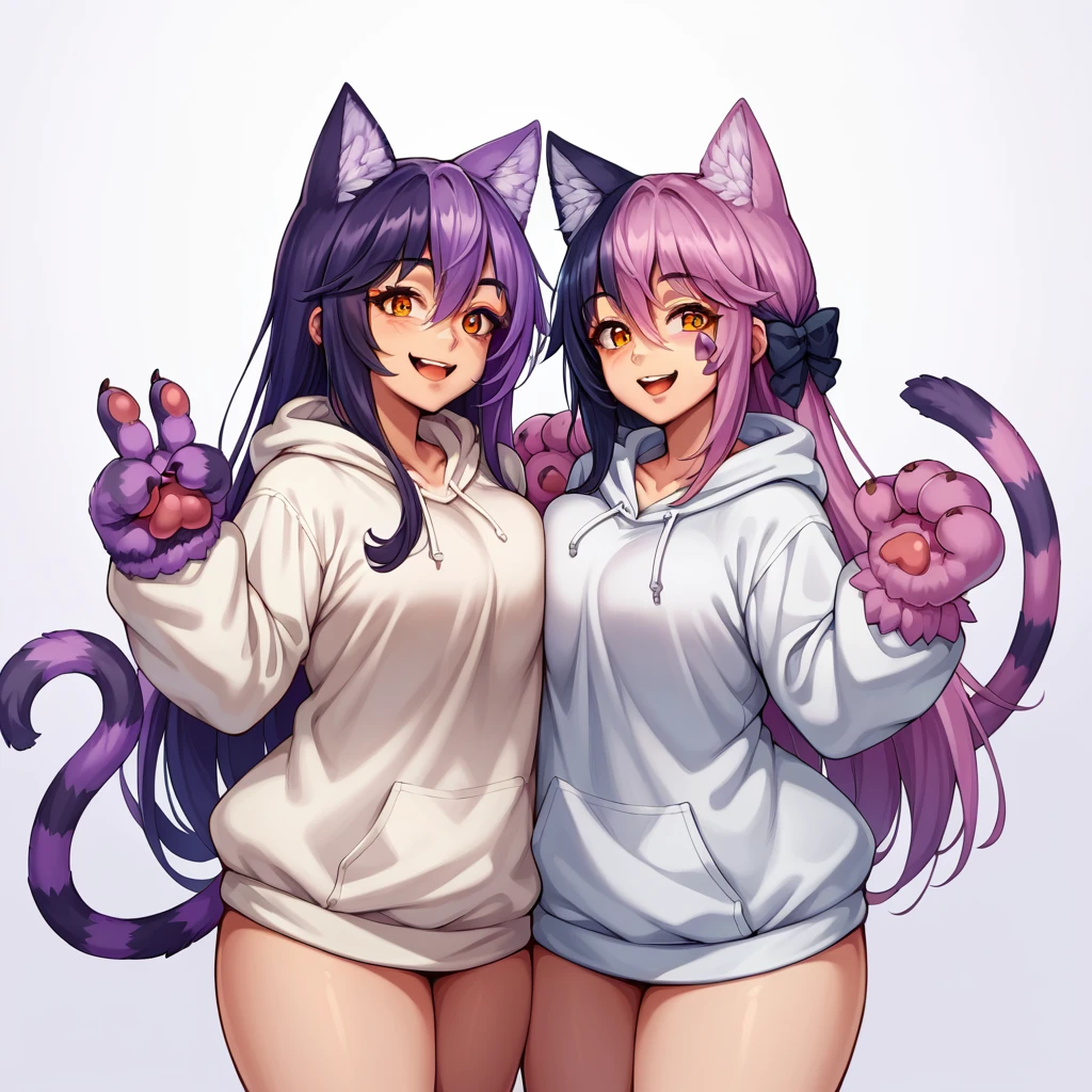 score_9, score_8_up, source_anime, CheshireMGE, two-tone hair, long hair, hair bow, cat paws, facial mark, striped tail standing straight symmetrical on bed, smile, open mouth, white hoodie, long sleeves, oversized hoodie, bottomless, thick thighs, v, simple background, white background, 