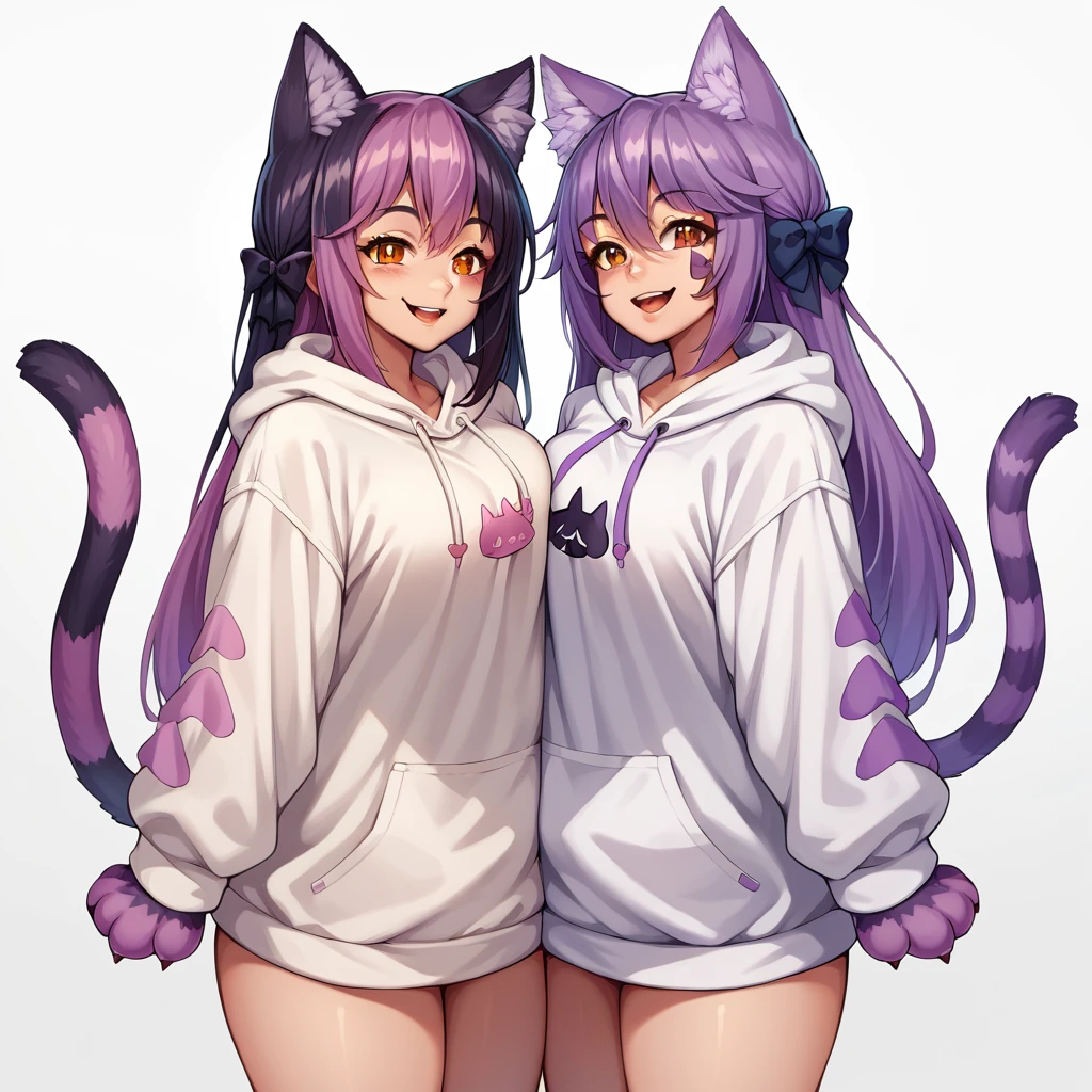 score_9, score_8_up, source_anime, CheshireMGE, two-tone hair, long hair, hair bow, cat paws, facial mark, striped tail standing straight symmetrical on bed, smile, open mouth, white hoodie, long sleeves, oversized hoodie, bottomless, thick thighs, v, simple background, white background, 