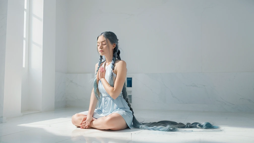 A woman with long blue hair styled in two braids, in a meditation position with her eyes closed and her hands in a prayer position. She is wearing a light blue dress. The image should be a full-body shot in a meditation position, very realistic, in an all-white temple with a white floor, white stone walls, white ceiling, and white columns