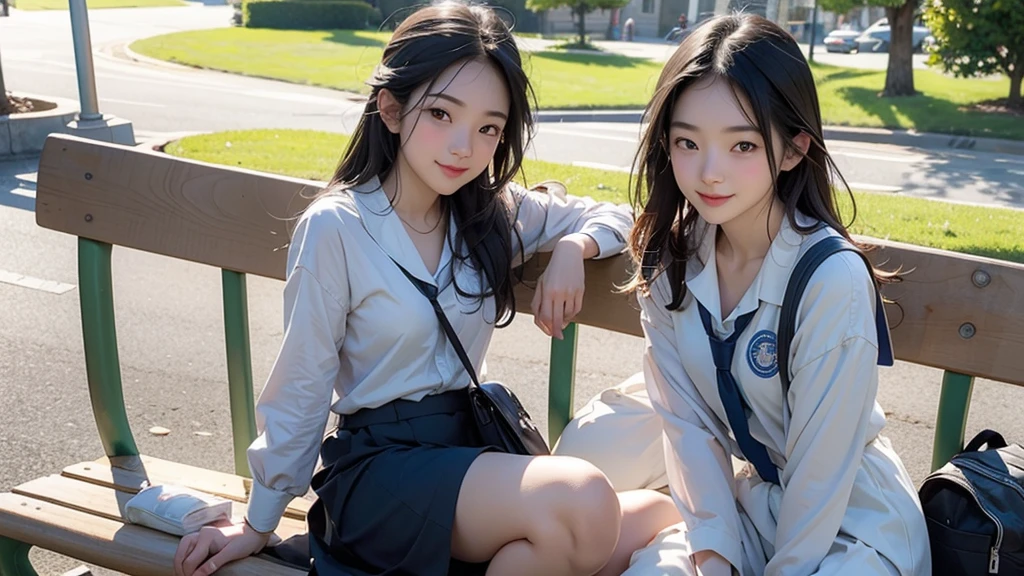 8K、RAW Photos、Highest quality、Super detailed、Super Resolution、Ultra HD、8K壁紙、Amazing details summer、Park with an ocean view、Woman sitting on a park bench、squirt、16 year old school girl in uniform、Drink water、School bag、Blue sky、Shining Sun、Bento、Water bottle、Drink water、smile