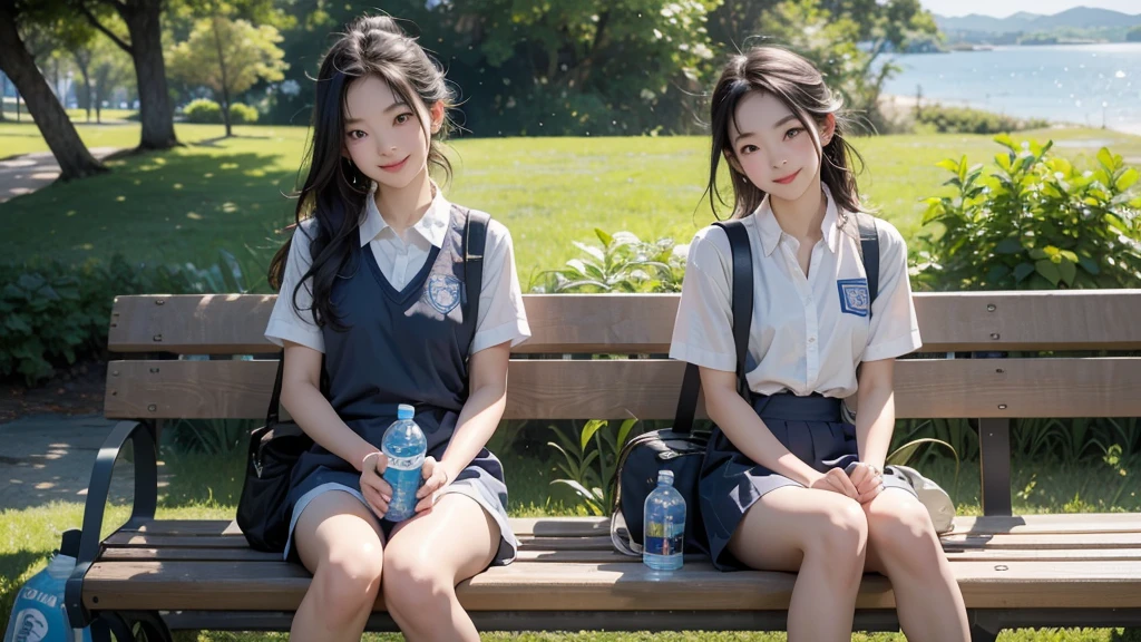 8K、RAW Photos、Highest quality、Super detailed、Super Resolution、Ultra HD、8K壁紙、Amazing details summer、Park with an ocean view、Woman sitting on a park bench、squirt、16 year old school girl in uniform、Drink water、School bag、Blue sky、Shining Sun、Bento、Water bottle、Drink water、smile