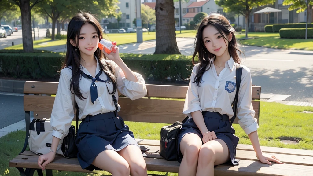 8K、RAW Photos、Highest quality、Super detailed、Super Resolution、Ultra HD、8K壁紙、Amazing details summer、Park with an ocean view、Woman sitting on a park bench、squirt、16 year old school girl in uniform、Drink water、School bag、Blue sky、Shining Sun、Bento、Water bottle、Drink water、smile