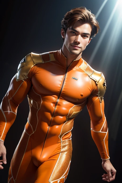 Half body focus photorealistic handsome hunky fractal masculine Timber.. wearing orange and brown quartz transparent crystal chrome glass super suit , look at camera, detailed face parts,, studio as background, Freestyle Pose, Happy Expression, perfect anatomy, symmetric body,, 18 years old, :: high detail, a lean athletic body, realistic, human skin, extremely detailed fingers, chad chin,, masculine, human skin, (eyes contact), gorgeous, Attractive. super bulges. In action